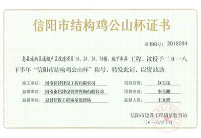 “息縣城南區(qū)域棚戶區(qū)改造項目1#、2#、3#、7#樓、地下車庫工程”被授予2018下半年“信陽市結構雞公山杯”稱號